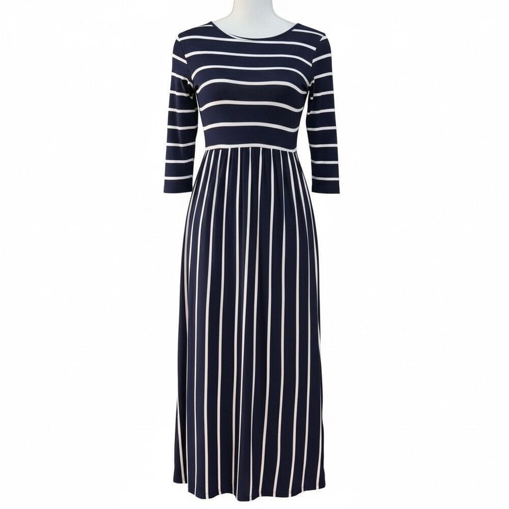 reborn j navy  blue amd white stripped long sleev dress modest